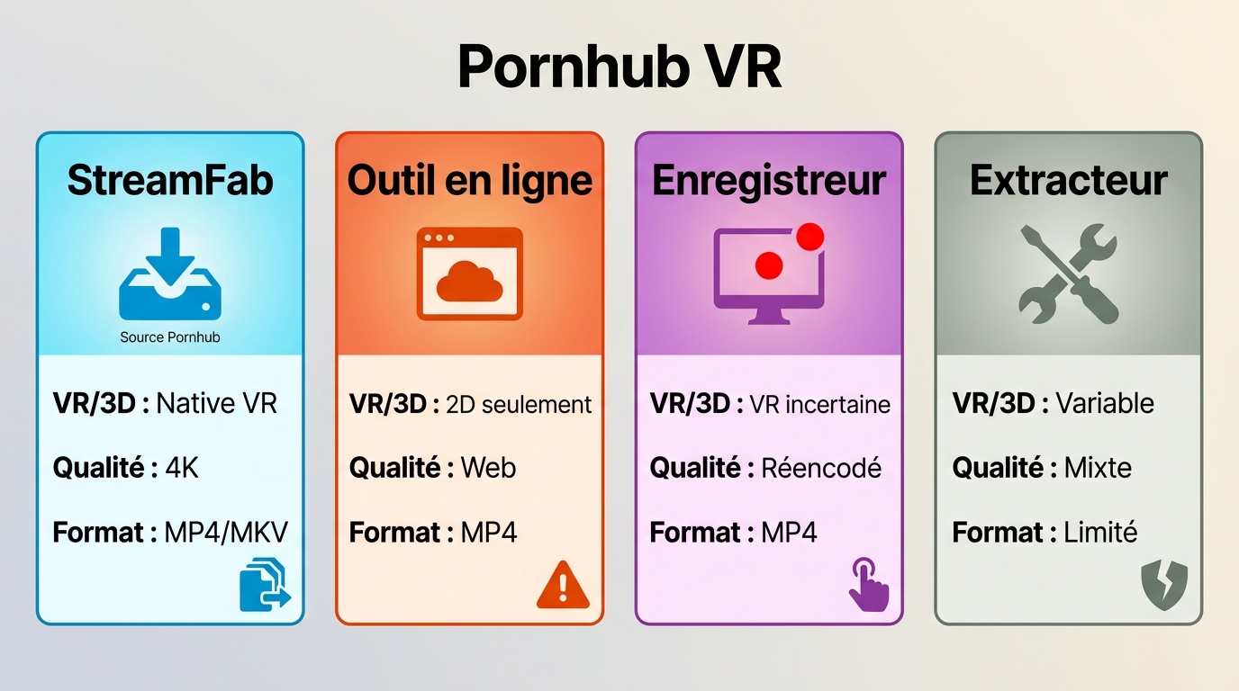 Comparaison des méthodes pour télécharger une vidéo Pornhub VR selon VR, qualité et formats.
