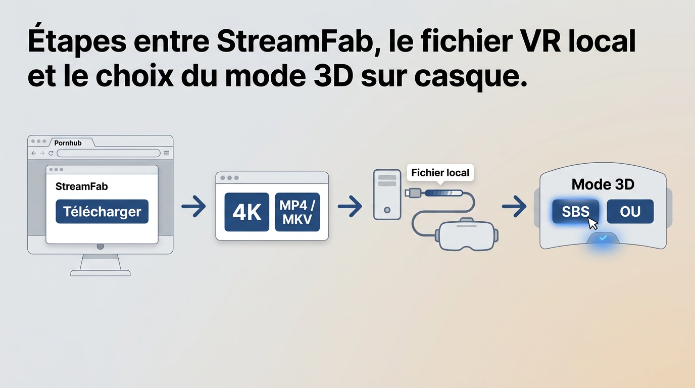Étapes entre StreamFab, le fichier VR local et le choix du mode 3D sur casque.