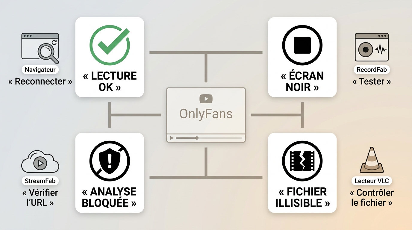 Parcours de diagnostic pour écran noir, analyse bloquée ou fichier illisible sur OnlyFans.