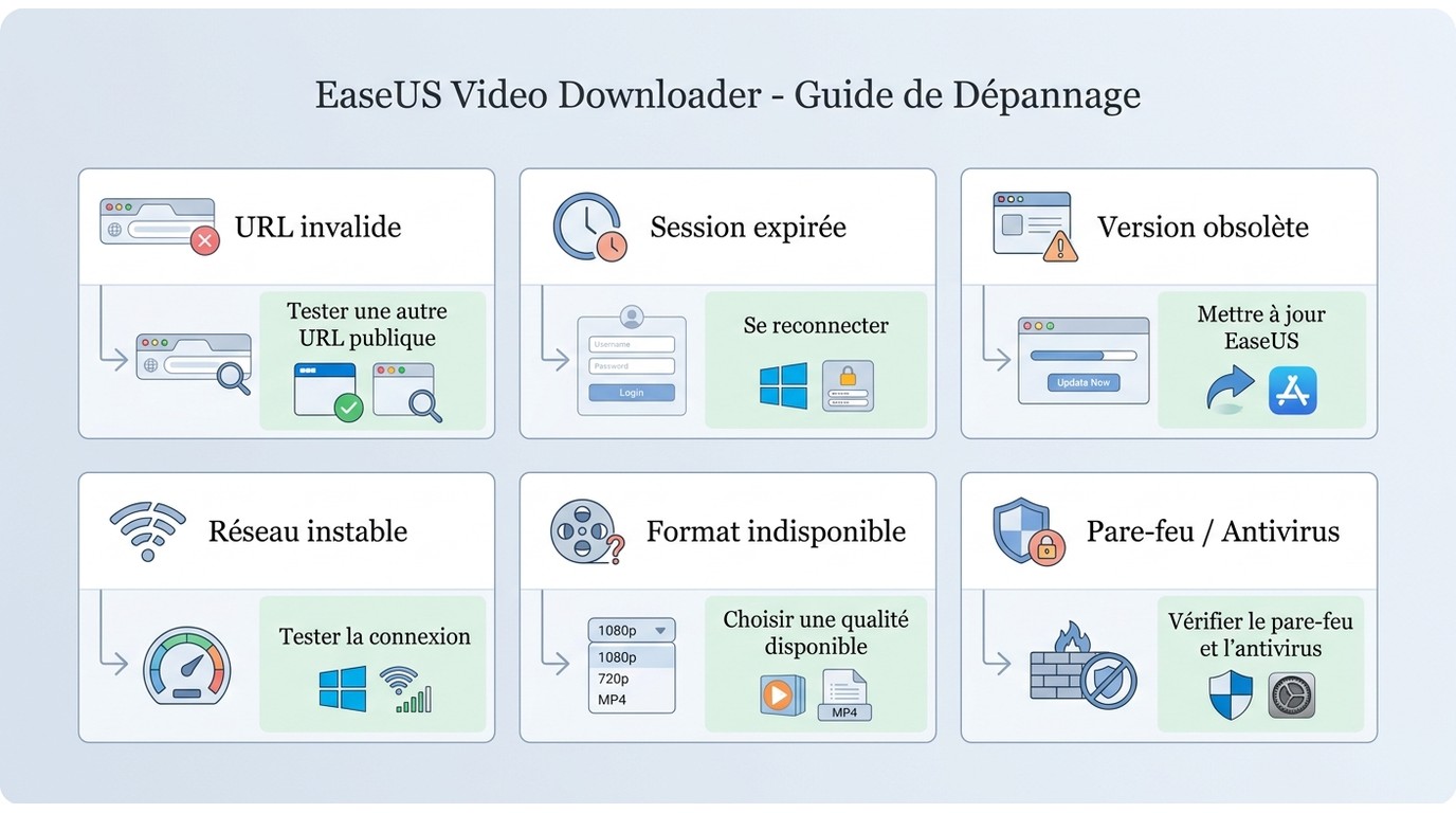 Parcours de diagnostic EaseUS reliant chaque panne à la bonne vérification.
