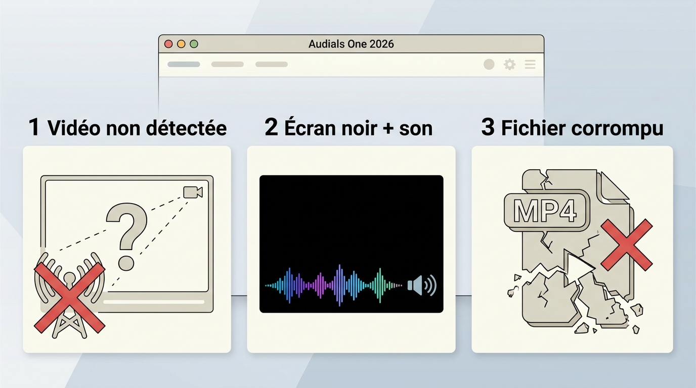 Différence entre vidéo non détectée, écran noir avec son et fichier corrompu dans Audials.
