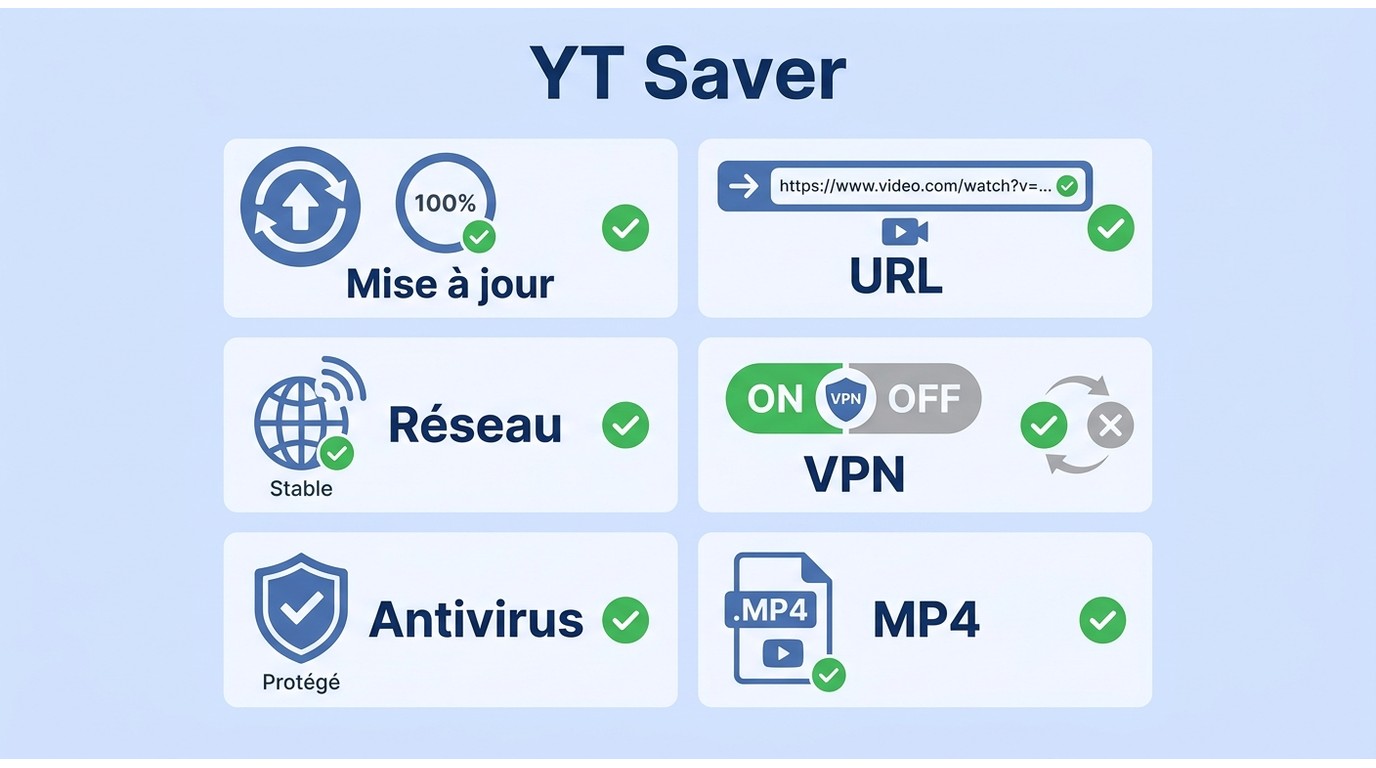 Étapes à vérifier dans YT Saver : mise à jour, URL, réseau, VPN, antivirus et sortie MP4