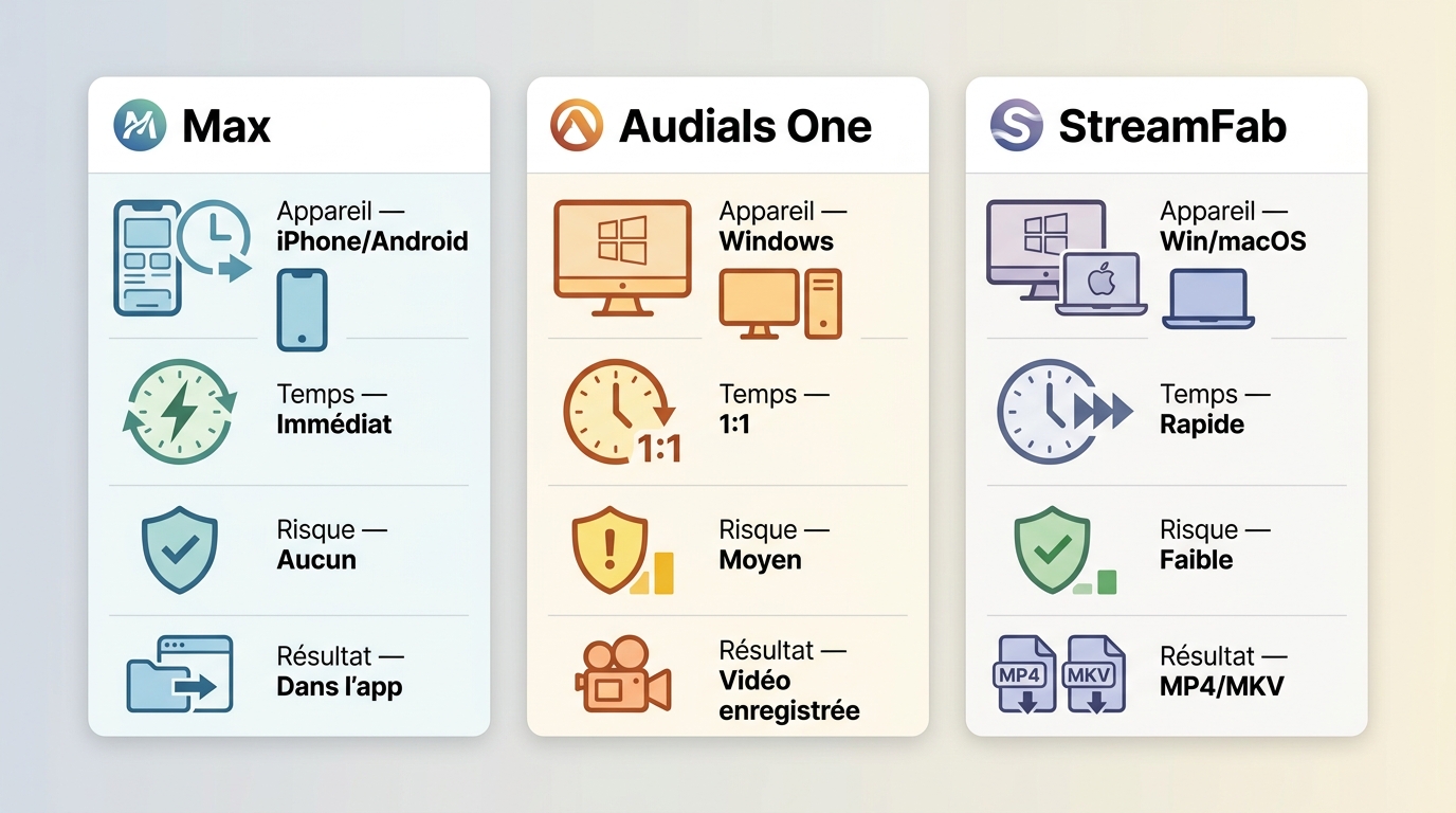 Comparaison entre téléchargement Max, Audials One et StreamFab selon appareil et résultat.