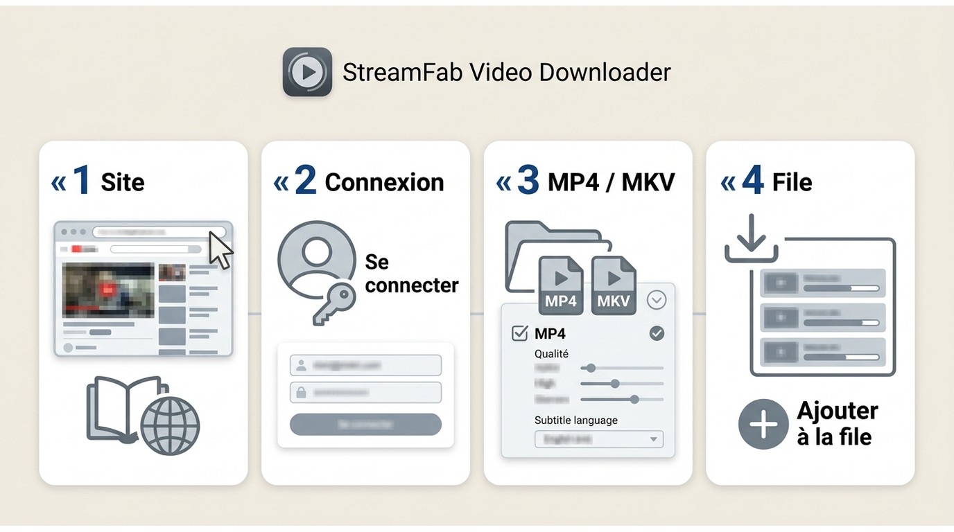 Étapes dans StreamFab pour ouvrir le site, se connecter, choisir MP4 ou MKV et lancer la file