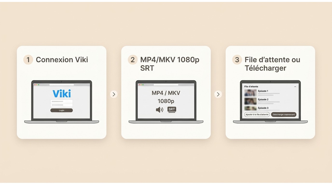 Étapes pour utiliser StreamFab avec Viki : connexion, réglages, puis file d’attente ou téléchargemen