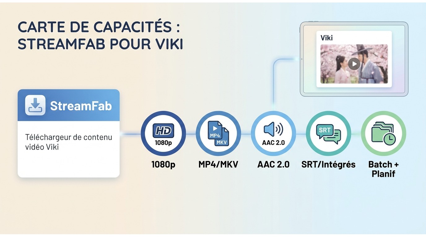 Capacités de StreamFab pour Viki : 1080p, MP4 ou MKV, SRT et téléchargement par lots.