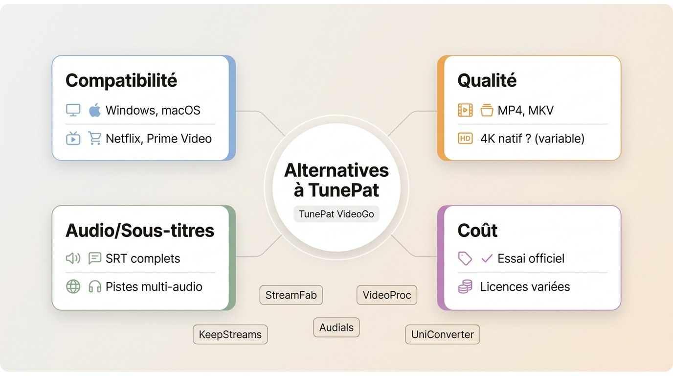 Vue d’ensemble des 4 critères pour comparer StreamFab, KeepStreams, Audials, VideoProc et UniConvert