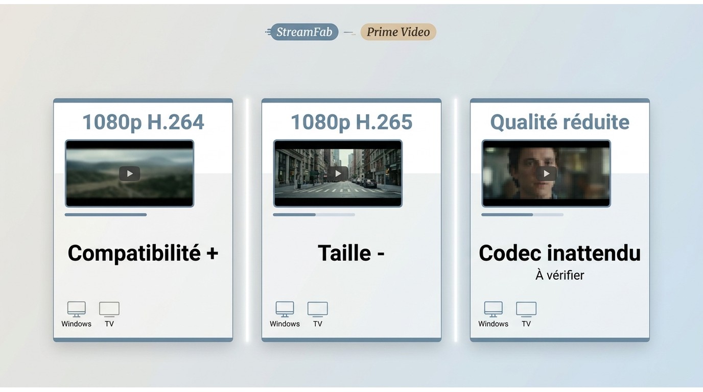 Comparaison des options 1080p, H.264 et H.265 pour un téléchargement Prime Video avec StreamFab.