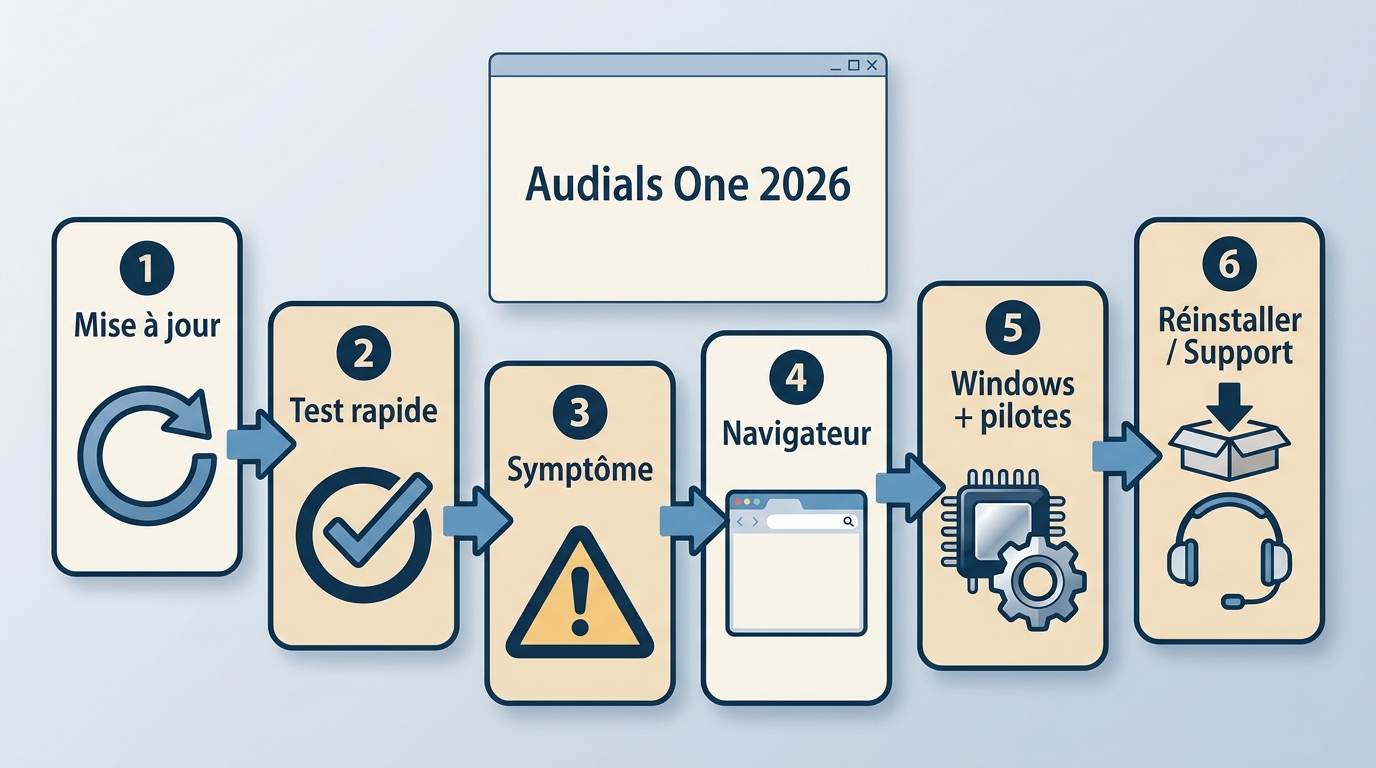 Parcours en 6 étapes pour diagnostiquer Audials One 2026, du test rapide au support.