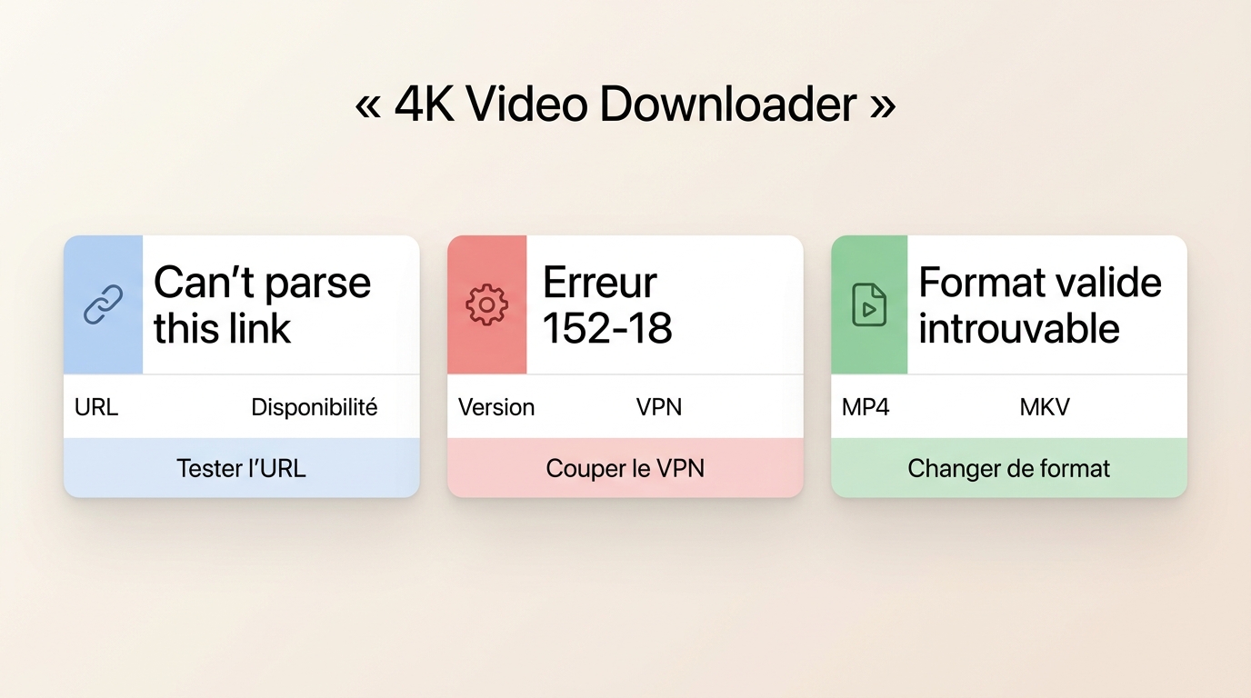 Correspondance entre erreurs de 4K Video Downloader, causes probables et premier test à faire