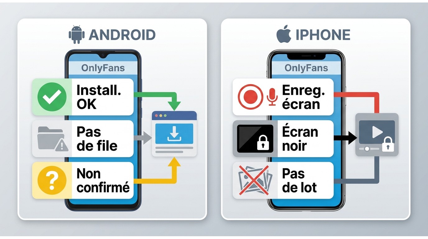 Comparaison Android et iPhone pour sauvegarder du contenu OnlyFans sur mobile.