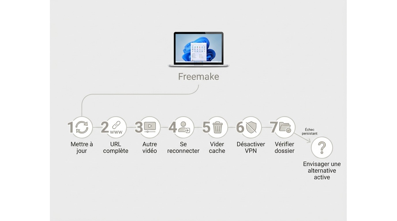 Parcours en 7 étapes pour diagnostiquer un échec de téléchargement dans Freemake.