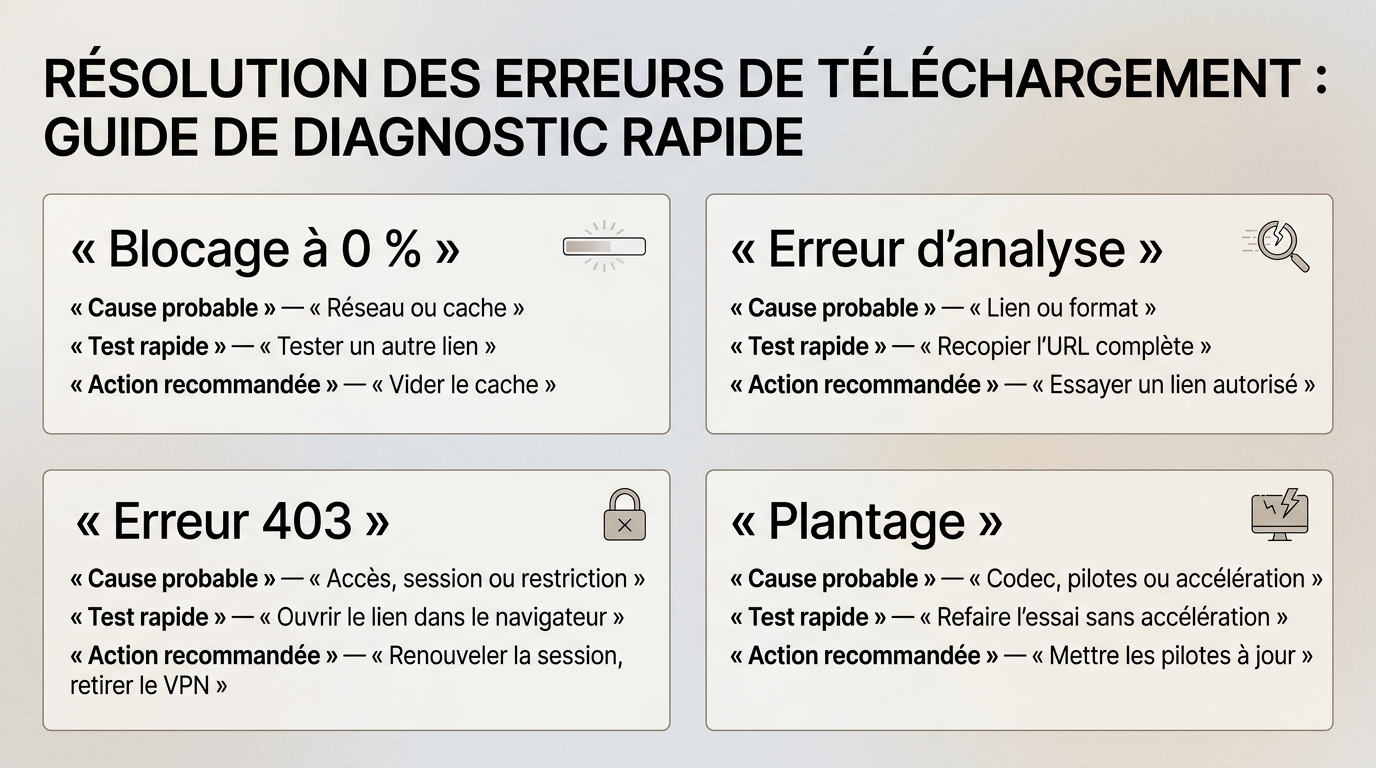 Correspondance entre erreurs Freemake, causes probables, tests rapides et actions à tenter.