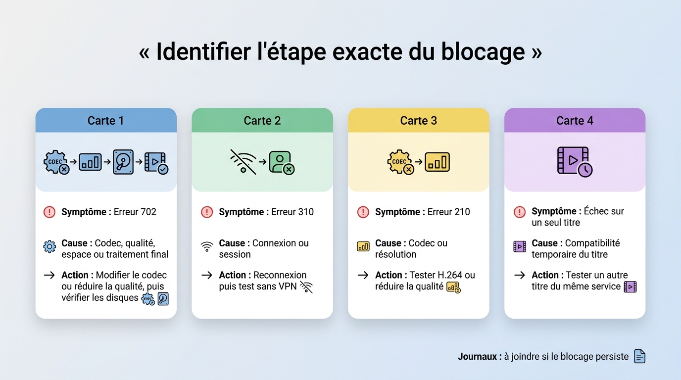Correspondance entre symptômes StreamFab, causes probables et première action à tenter.