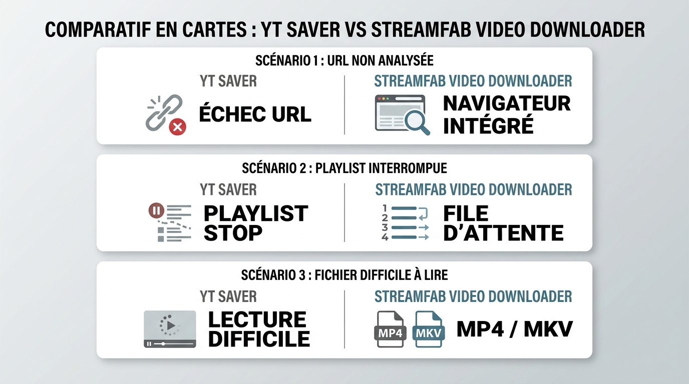 Comparaison de YT Saver et StreamFab selon URL non analysée, playlist interrompue et fichier diffici
