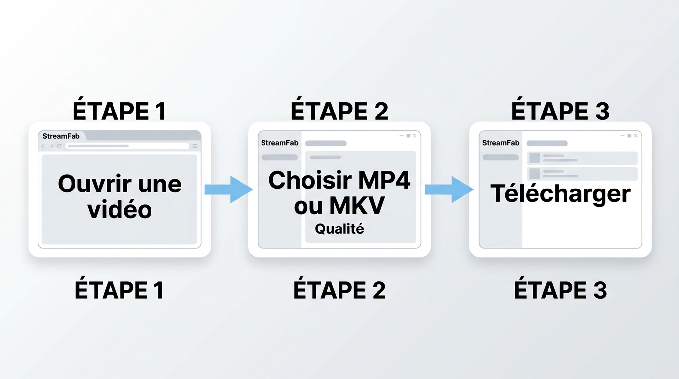 Workflow StreamFab en trois étapes : ouvrir une vidéo, choisir MP4 ou MKV, puis lancer le télécharge