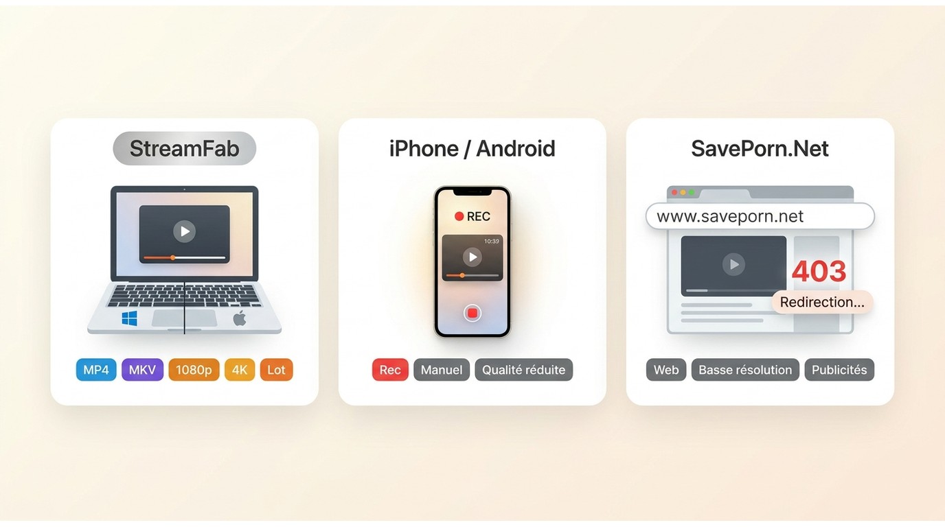 Comparaison de StreamFab, de l’enregistrement d’écran mobile et de SavePorn.Net selon qualité et usa