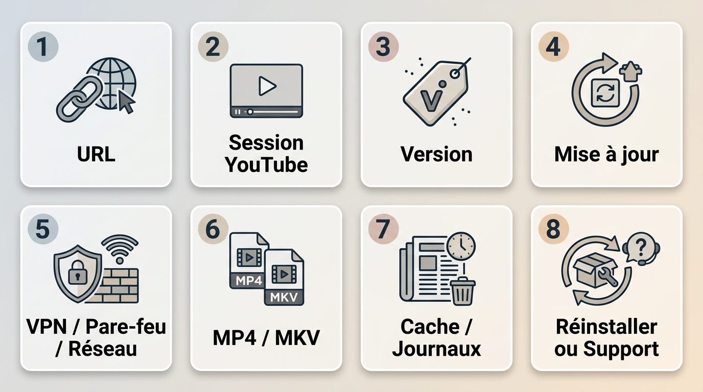 Parcours en 8 étapes pour rétablir un téléchargement dans 4K Video Downloader