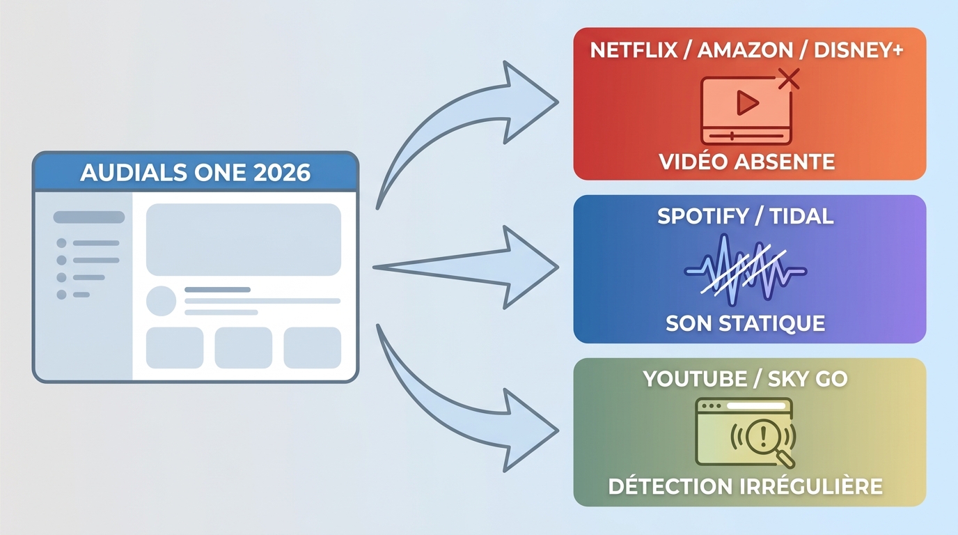 Comparaison des pannes Audials selon Netflix, Spotify, YouTube et autres services.