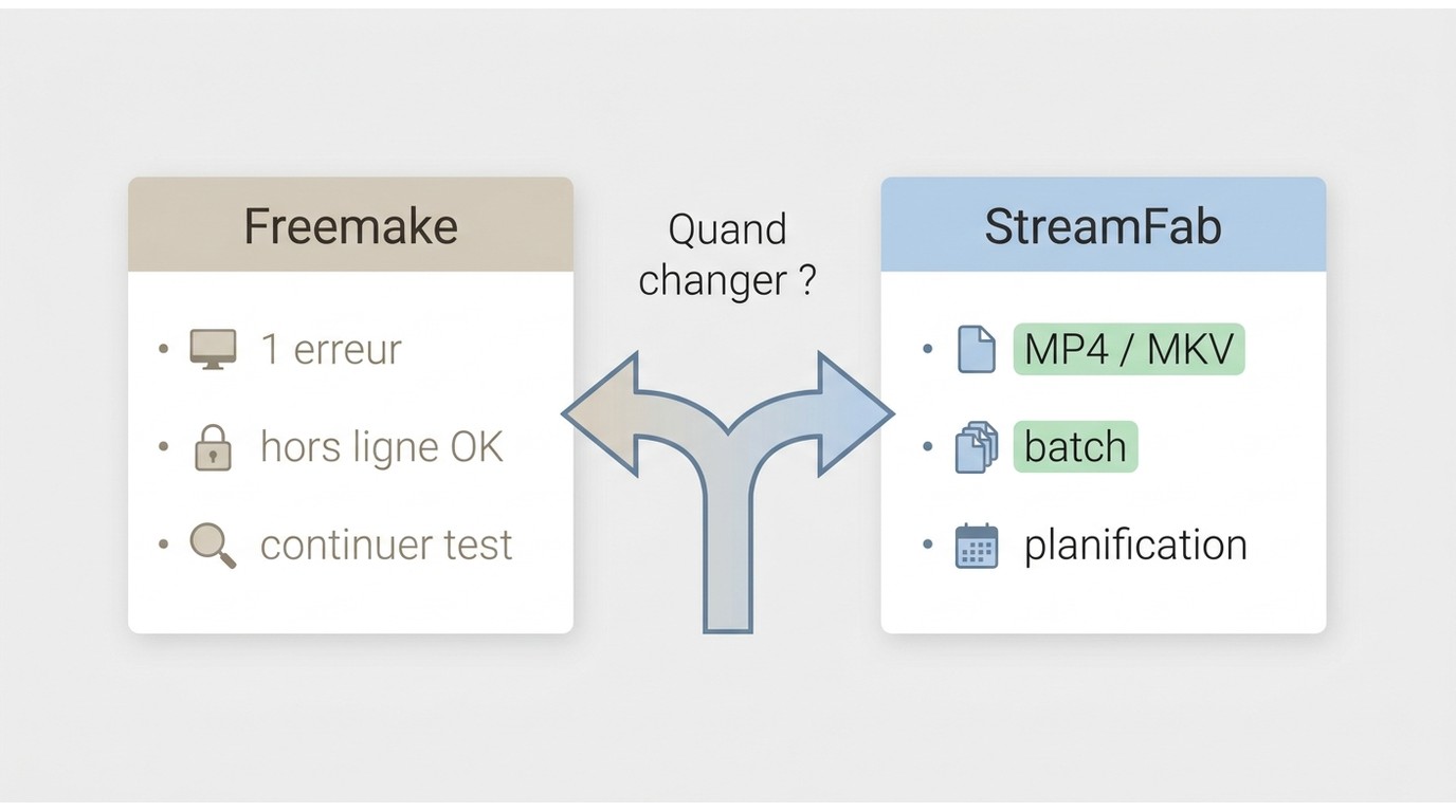 Comparaison de décision entre continuer avec Freemake et passer à StreamFab.