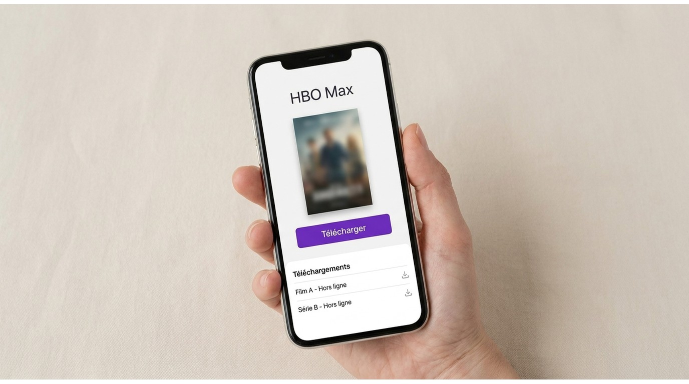 Application HBO Max sur iPhone avec le bouton Télécharger et la liste des titres hors ligne.