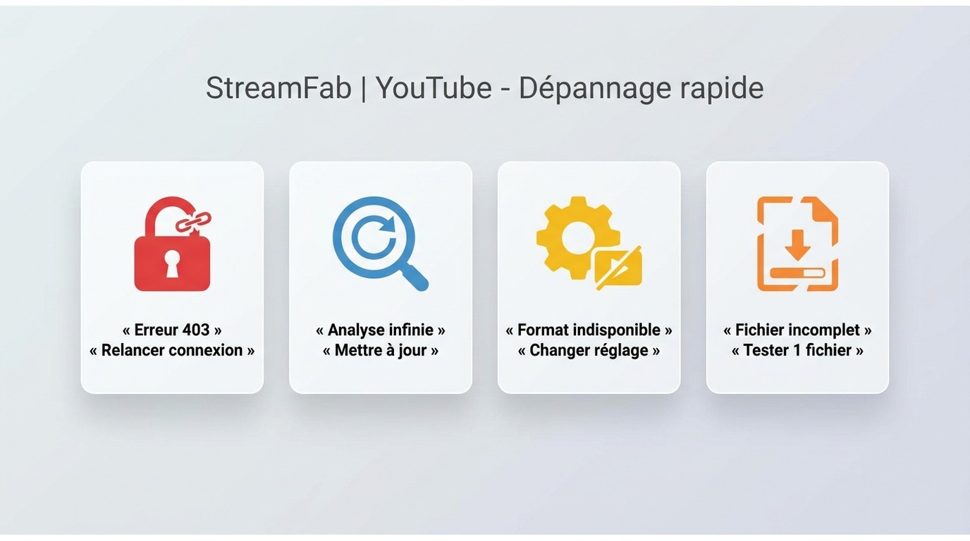 Erreurs courantes de StreamFab sur YouTube avec les actions rapides à essayer.