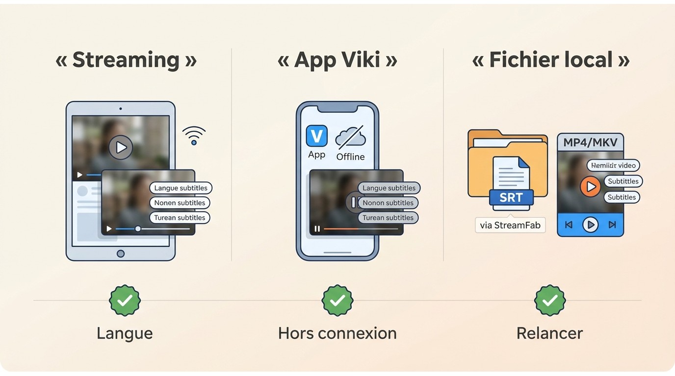 Différences entre sous-titres Viki en streaming, dans l’application et dans un fichier local.