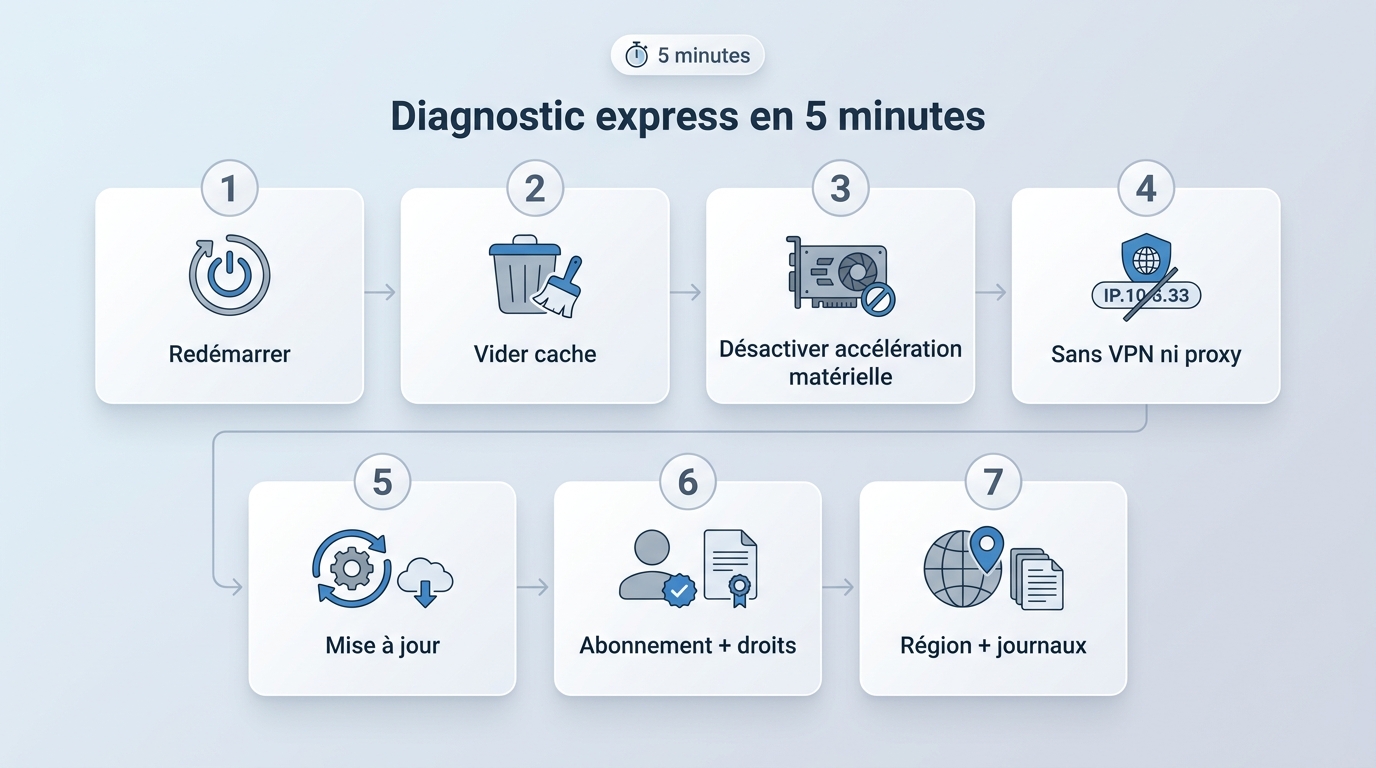 Parcours de dépannage StreamFab en 7 vérifications pour isoler une erreur 702, 310 ou 210.