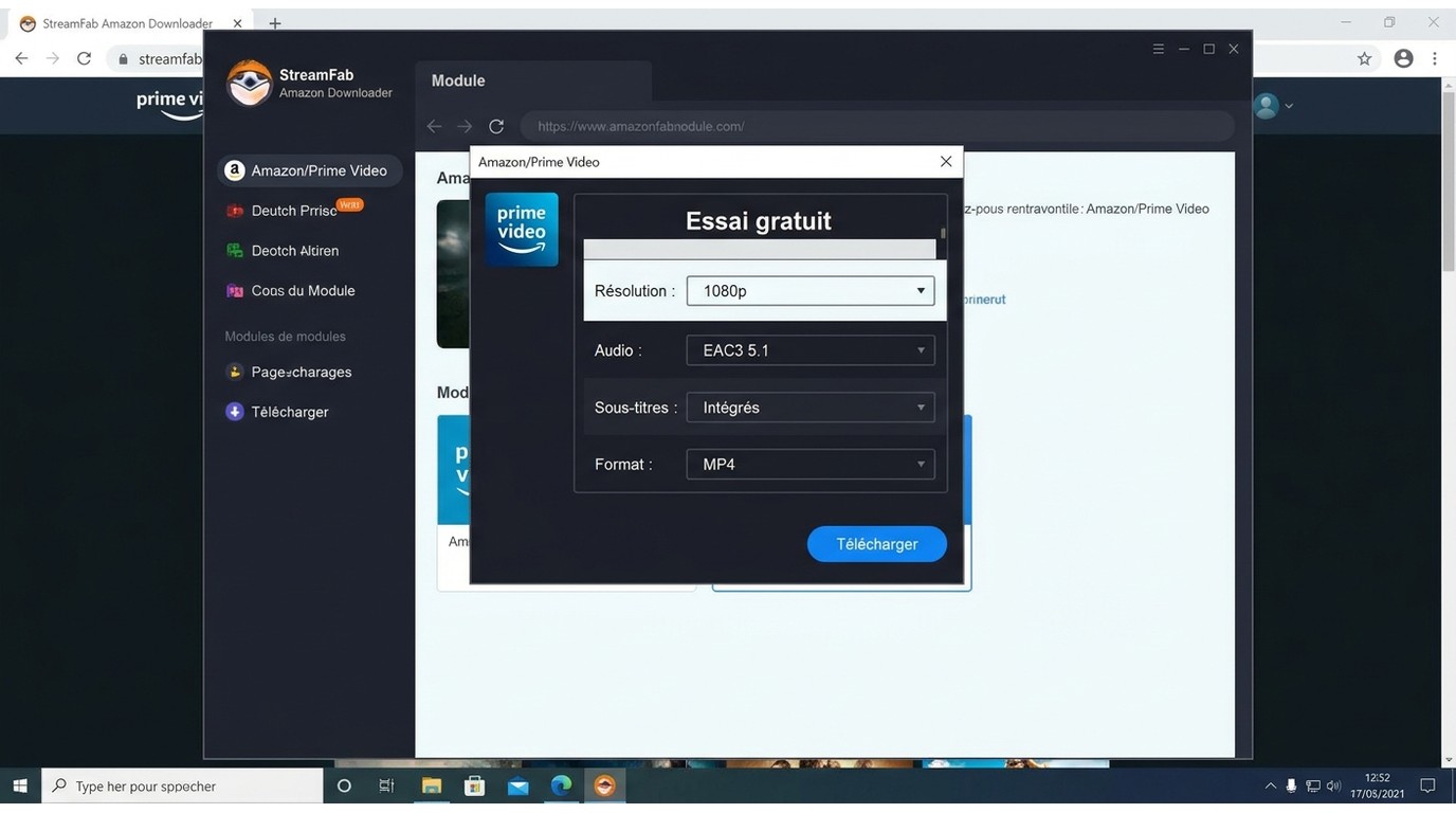 Écran StreamFab Amazon montrant les options à vérifier pendant l’essai gratuit sur Prime Video.