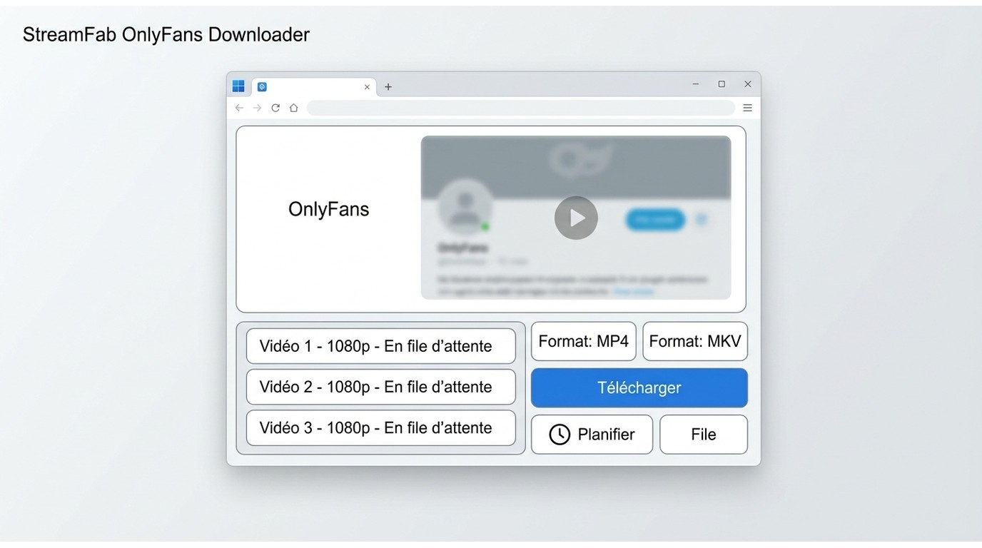 Interface StreamFab avec file d’attente OnlyFans, planification et choix MP4/MKV.