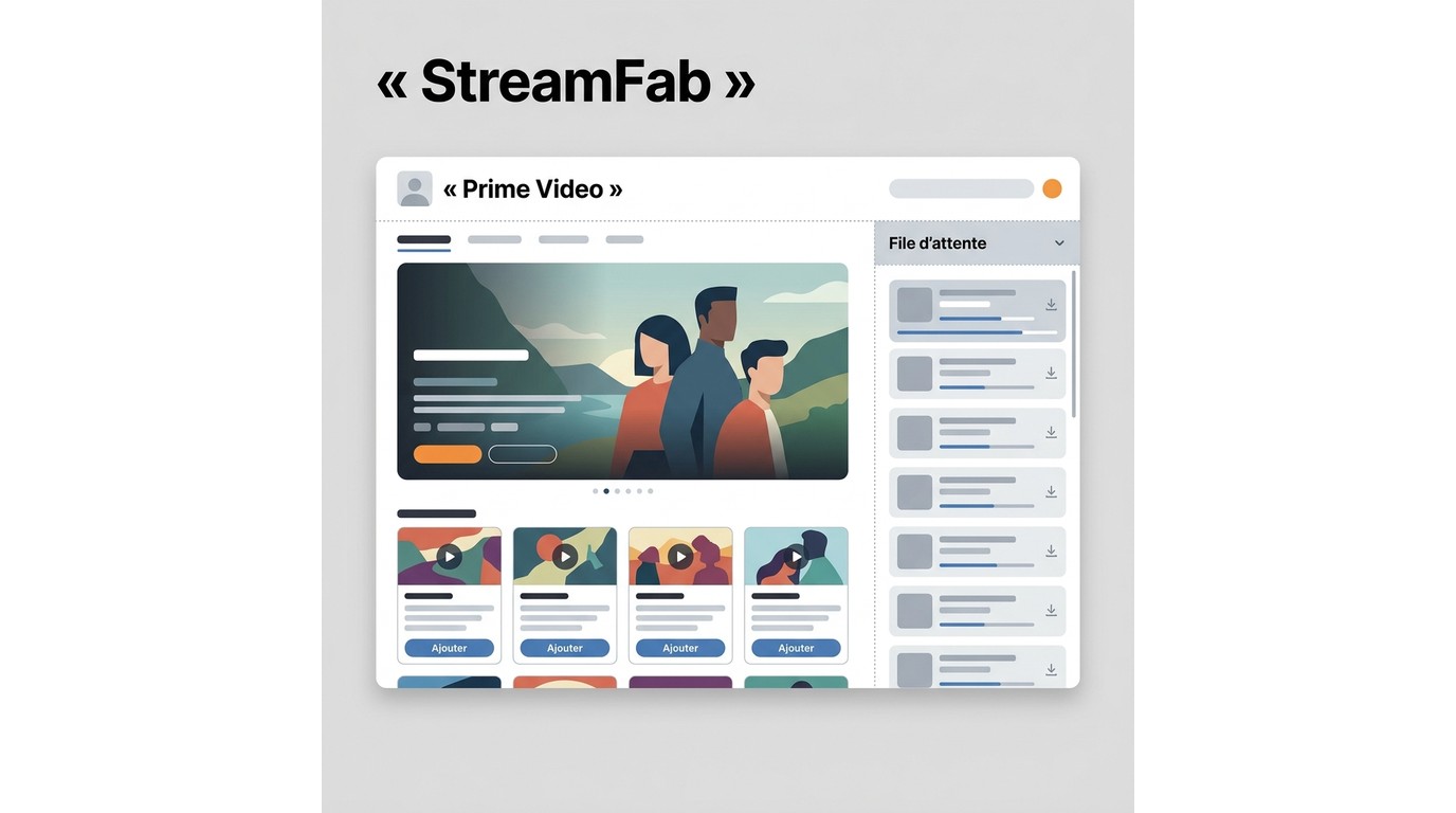 Interface de téléchargement Prime Video avec connexion, recherche de série et file d’attente d’épiso