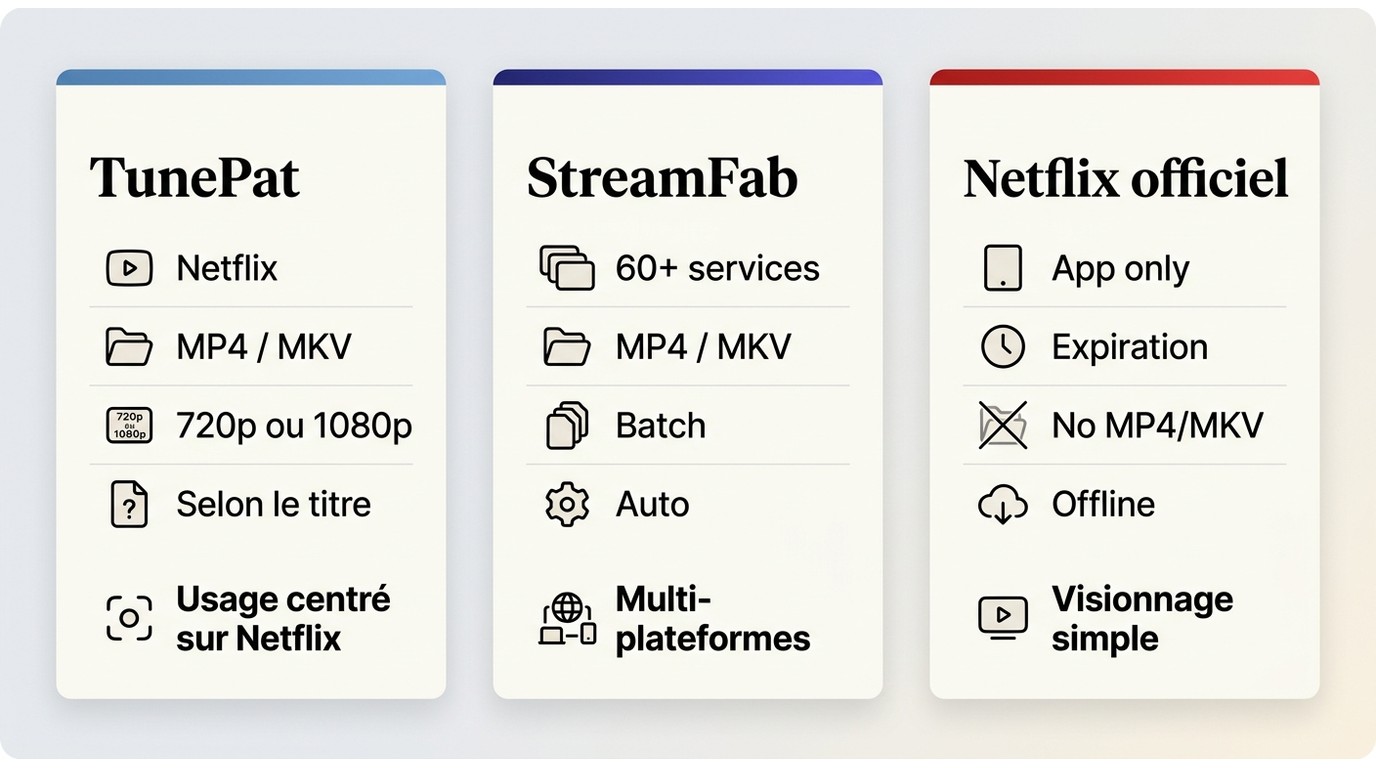 Comparaison de TunePat, StreamFab et du téléchargement officiel Netflix selon usage et formats.