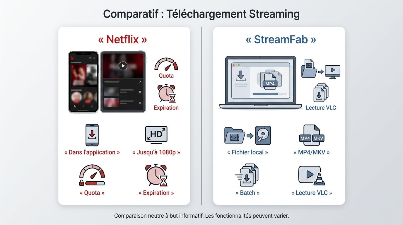 Comparaison entre téléchargement officiel Netflix et fichier local StreamFab sur ordinateur