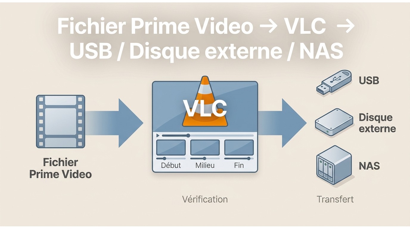 Vérification d’un fichier Prime Video dans VLC avant copie vers clé USB, disque externe ou NAS.