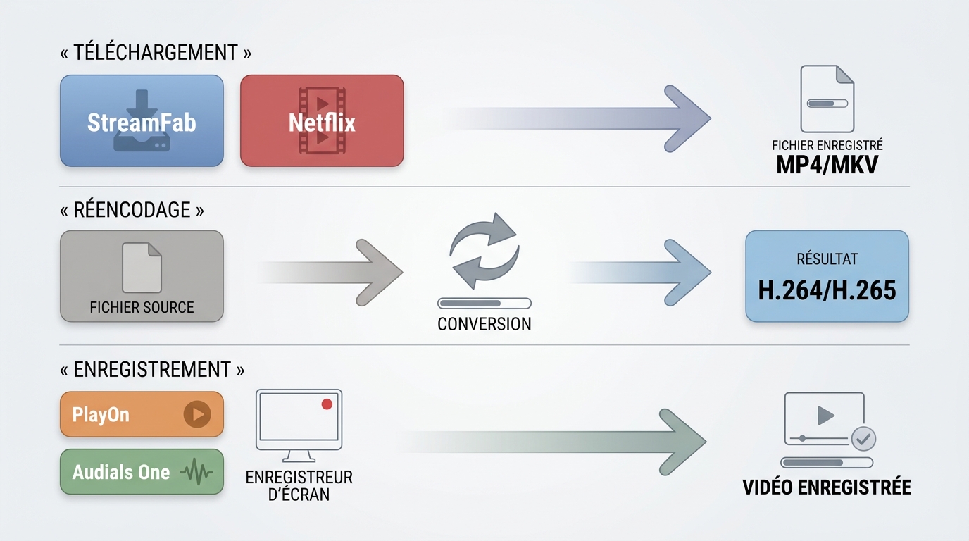 Différences entre téléchargement, réencodage et enregistrement avec StreamFab, PlayOn et Audials One