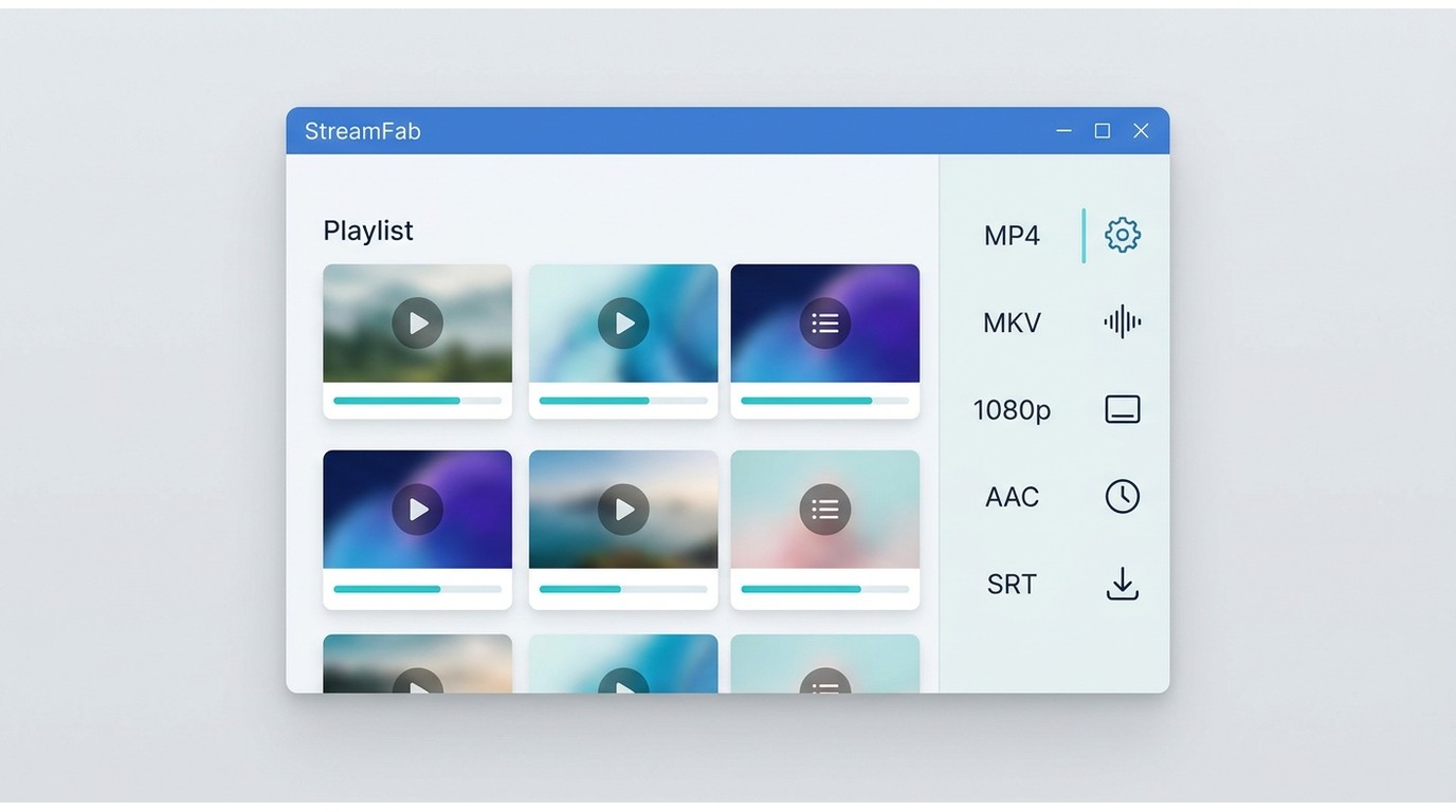 Réglages StreamFab pour format, audio, sous-titres et ajout d’une playlist en file d’attente