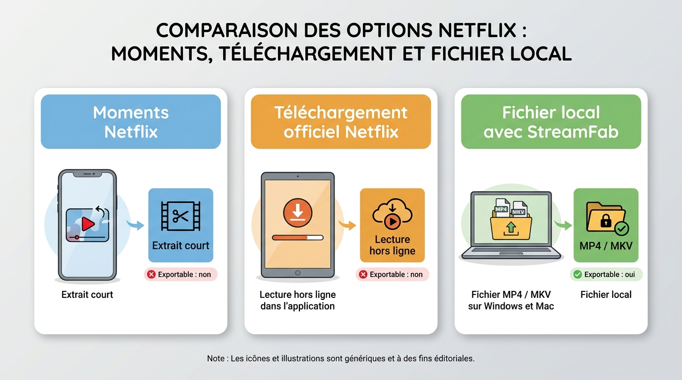 Comparaison entre Moments Netflix, téléchargement hors ligne Netflix et fichier local MP4 ou MKV.
