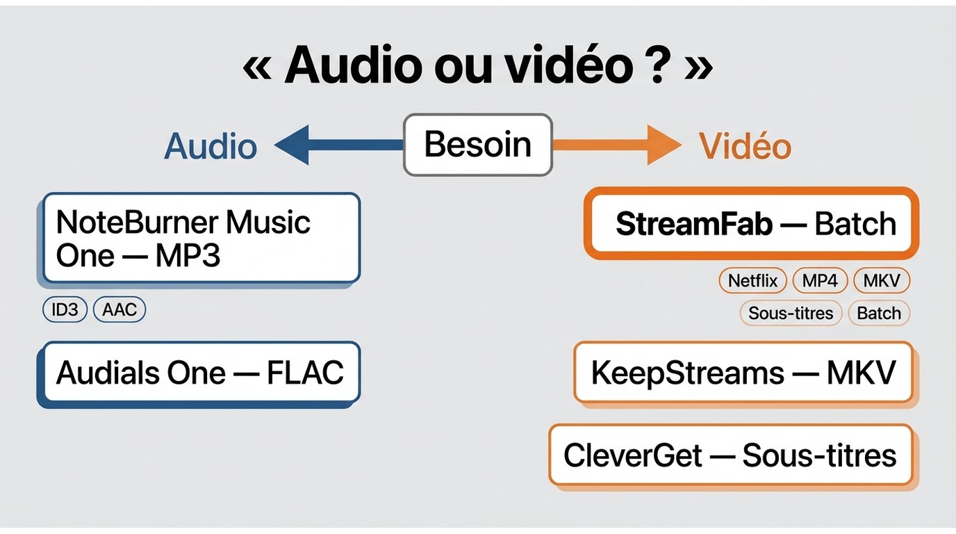 Arbre de décision entre usage audio et usage vidéo avec formats et outils cités