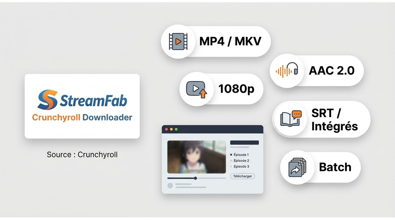 Fonctions de StreamFab pour Crunchyroll : MP4 ou MKV, 1080p, sous-titres et lots
