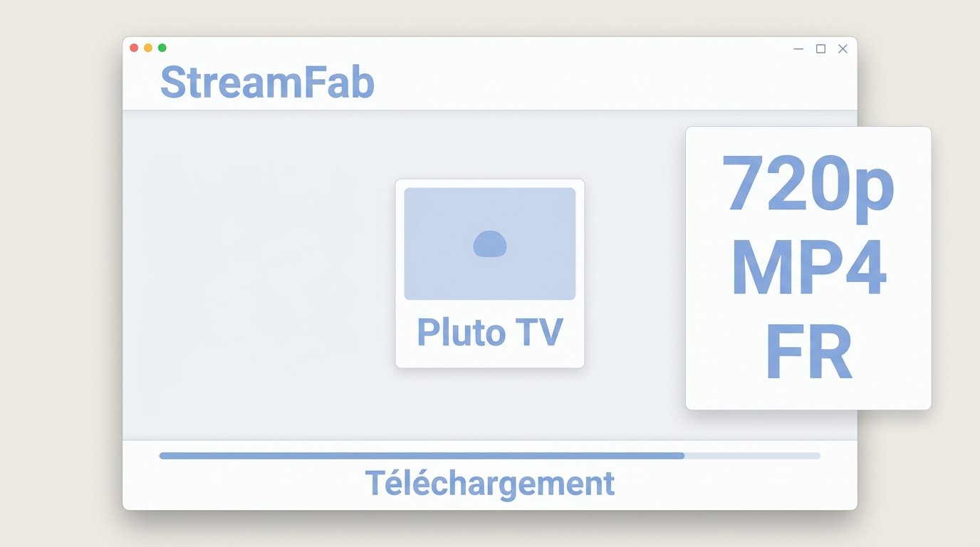 Interface StreamFab avec programme Pluto TV, options MP4 et 720p, puis téléchargement en cours.