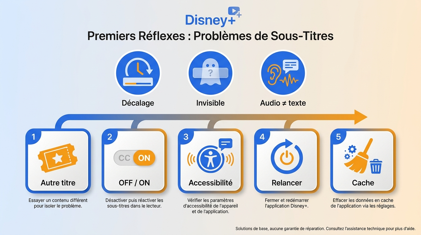 Parcours Disney+ pour corriger sous-titres en retard, invisibles ou différents du doublage