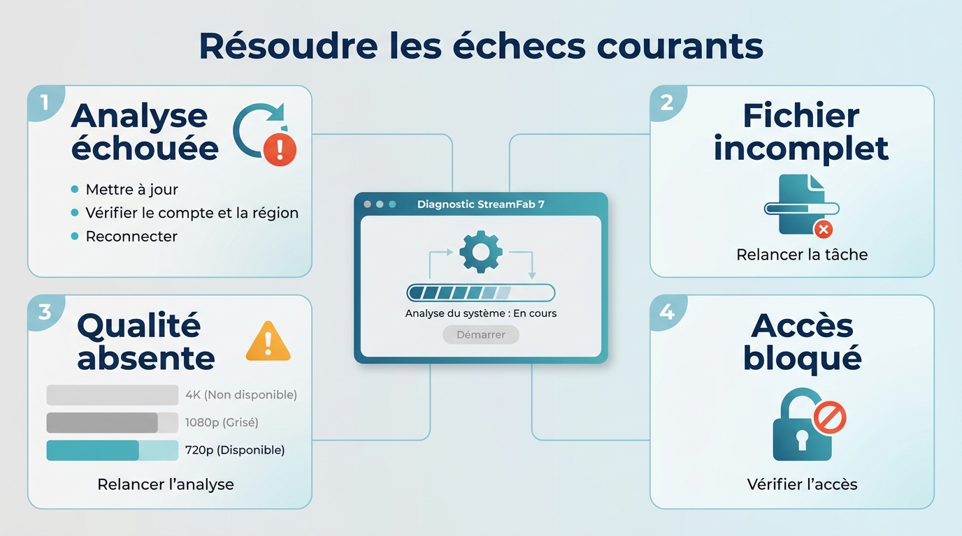 Diagnostic StreamFab pour analyse échouée, fichier incomplet, qualité absente et accès bloqué