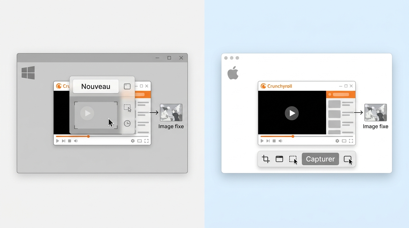 Capture Crunchyroll avec les outils système Windows et macOS pour une image fixe.