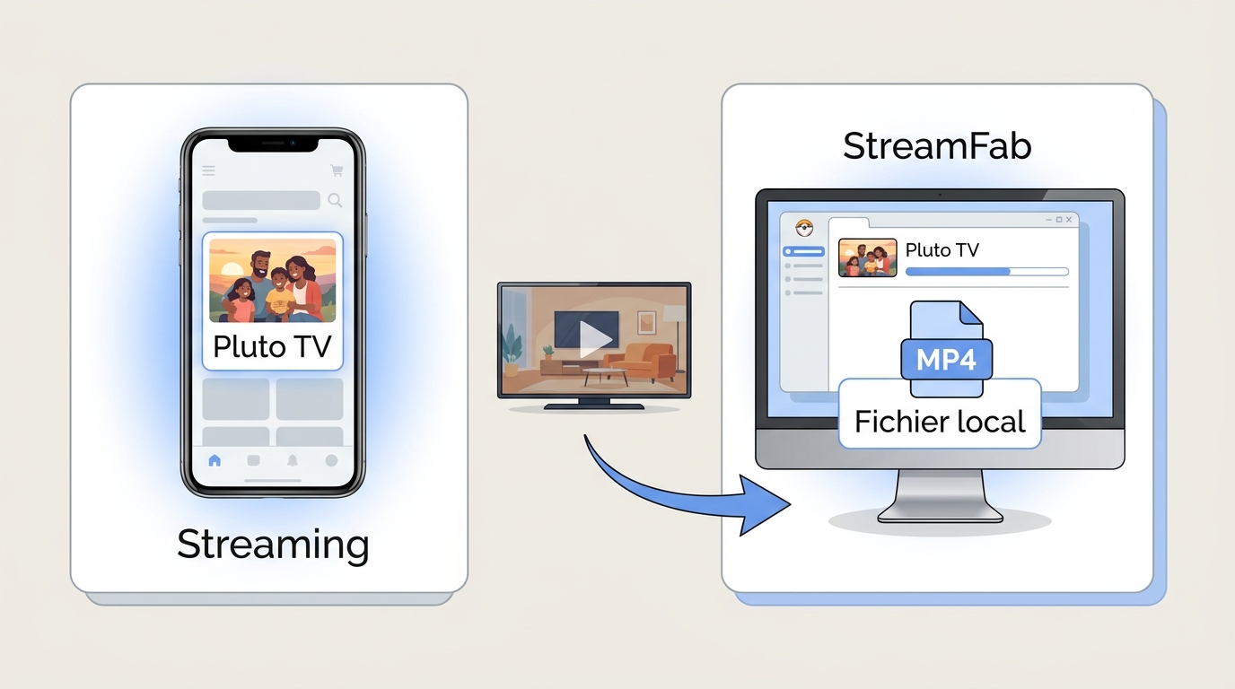 Deux parcours Pluto TV : streaming dans l’application ou fichier local préparé sur ordinateur.