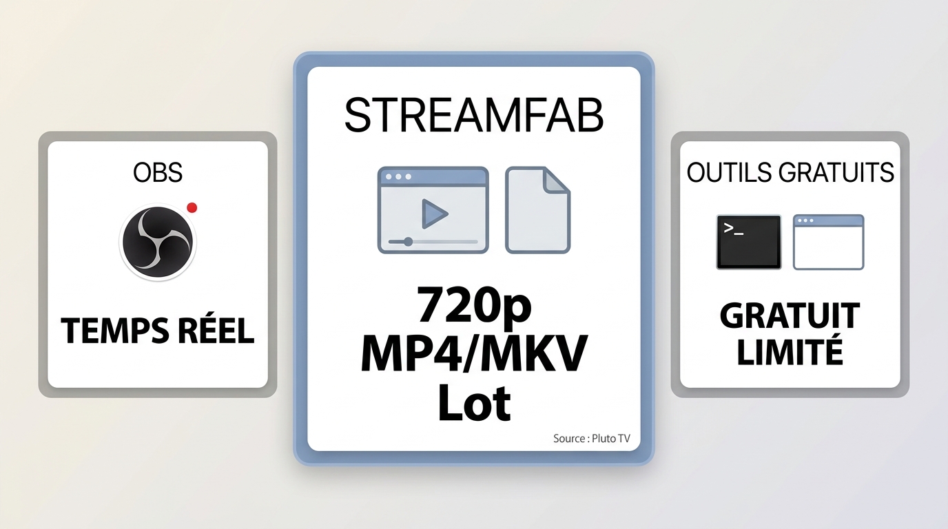 Comparaison de StreamFab, OBS et outils gratuits pour créer une copie locale de Pluto TV.