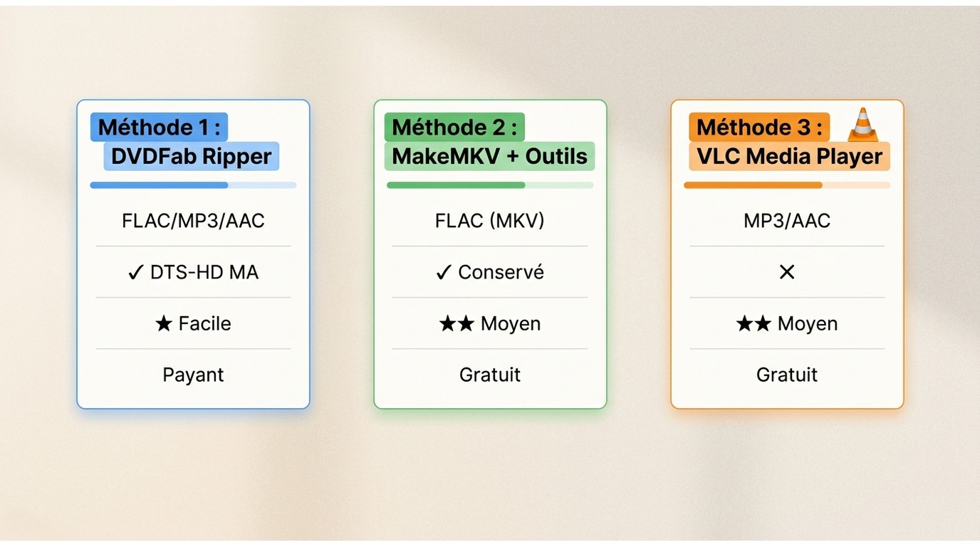 Comparaison DVDFab Blu-ray Ripper, MakeMKV+extraction, VLC : qualité sortie, multicanal 5.1, difficu