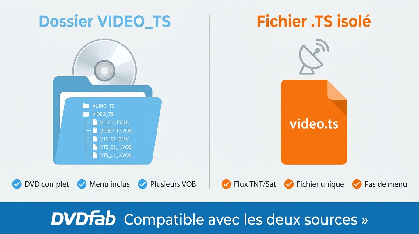 Différence entre dossier VIDEO_TS (VOB, IFO, BUP) et fichier .TS isolé — structure et contenu compar