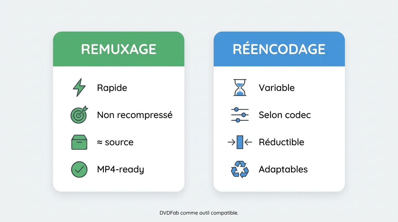 Comparaison remuxage vs réencodage : vitesse, qualité, taille et compatibilité des codecs