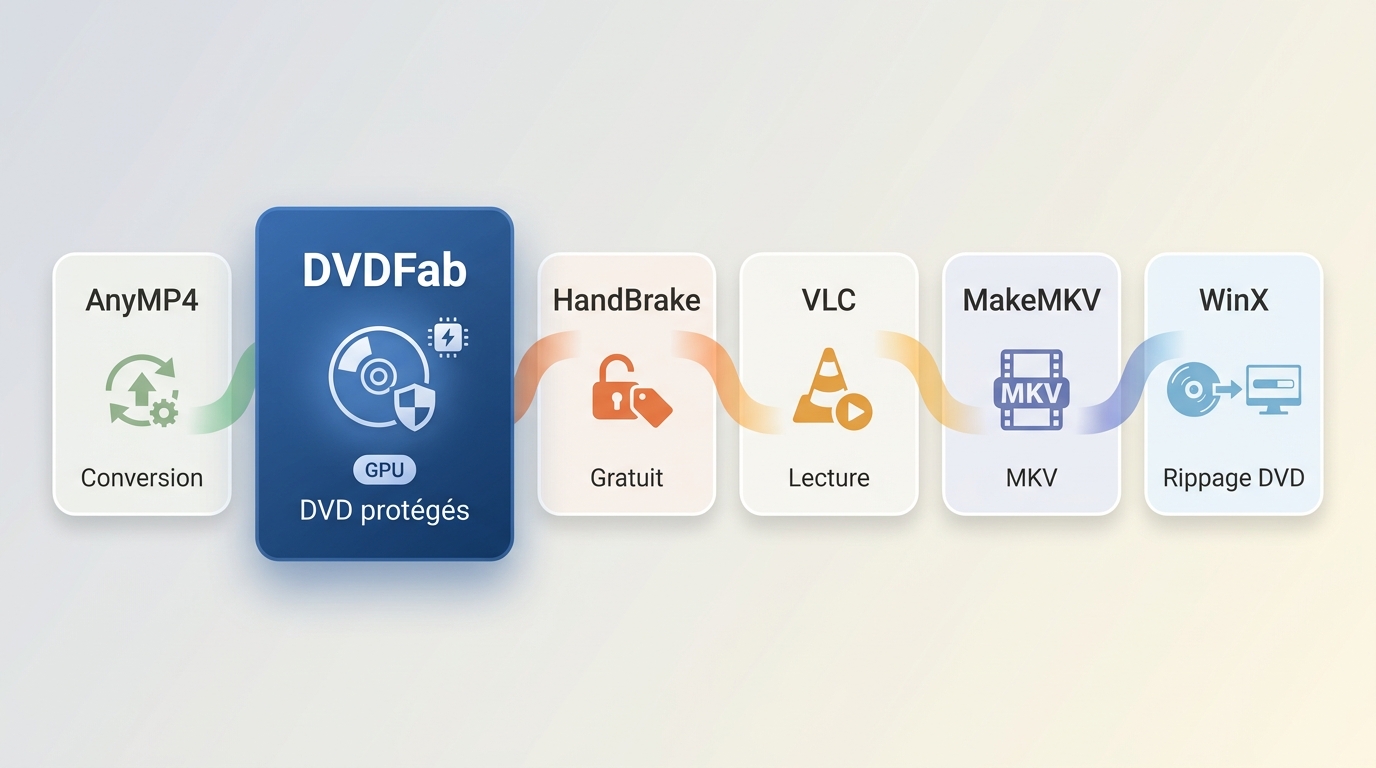 Comparaison d’AnyMP4, DVDFab, HandBrake, VLC, MakeMKV et WinX selon l’usage DVD
