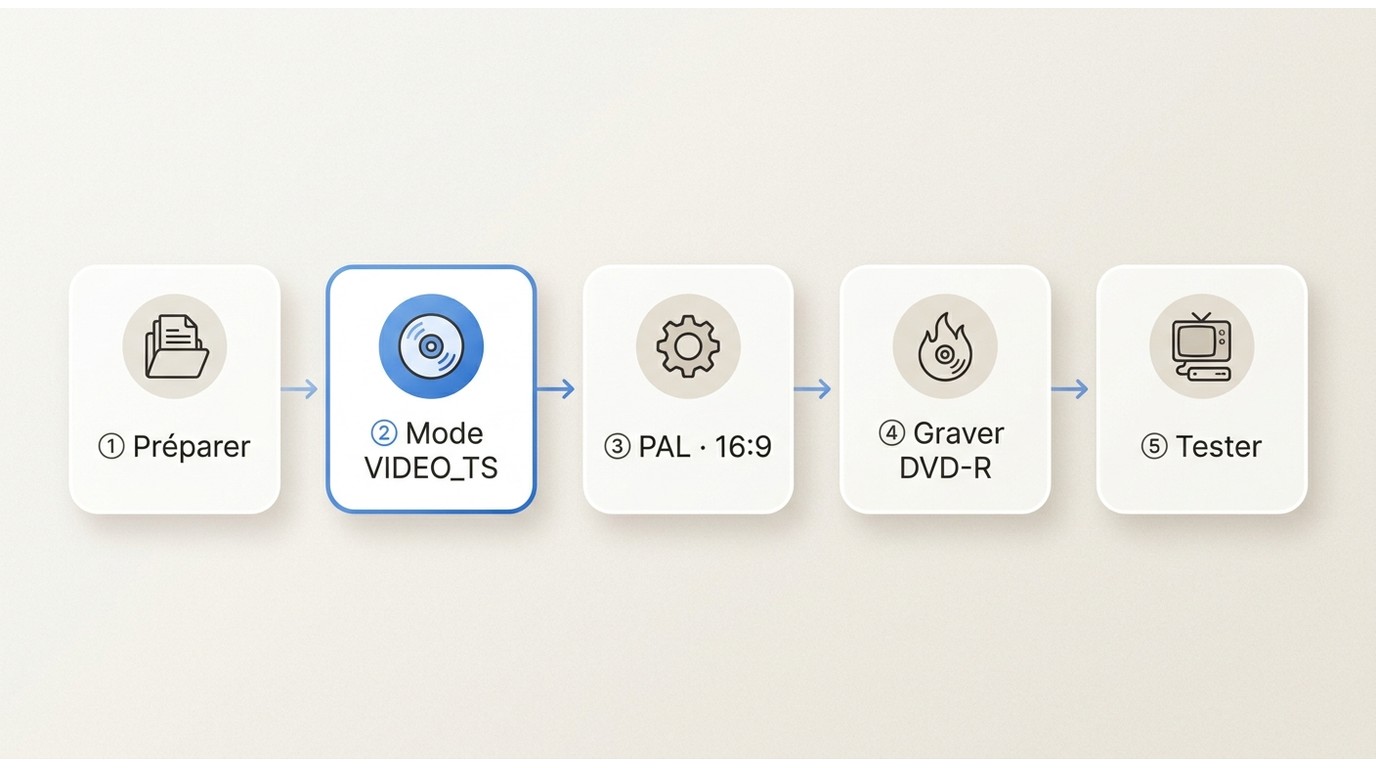 Flux en 5 étapes pour créer un DVD sur Mac : préparation, mode VIDEO_TS, réglages PAL, gravure DVD-R